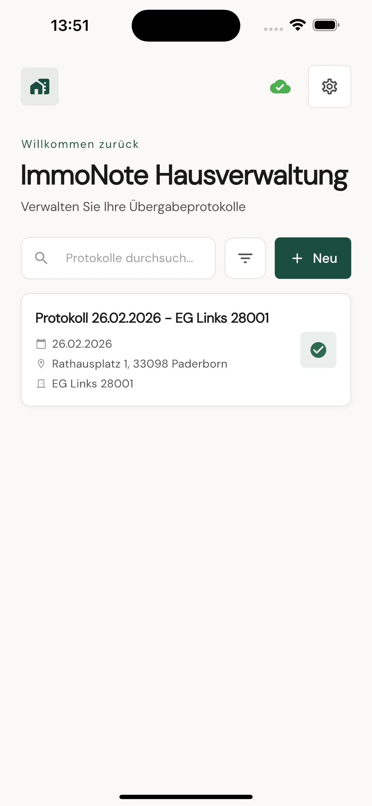 Screenshot der ImmoNote-App: Raumliste eines Übergabeprotokolls